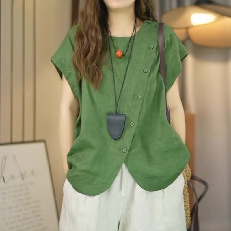 Cotton and Linen Fashionable Casual Asymmetrical Short-Sleeved Shirt for Women in Summer, Slimming and Versatile, Loose-Fitting Shirt for Plus-Size Women