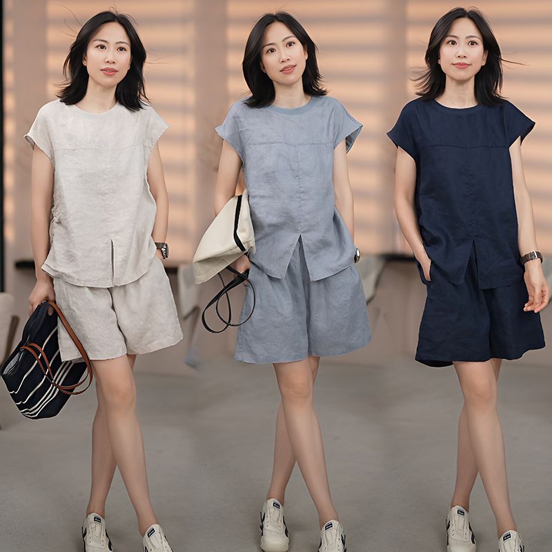 Fashionable Cotton and Linen Suit 2025 New Loose-Fitting Age-Reducing Slit Short-Sleeved Shirt Top Casual Shorts Two-Piece Set