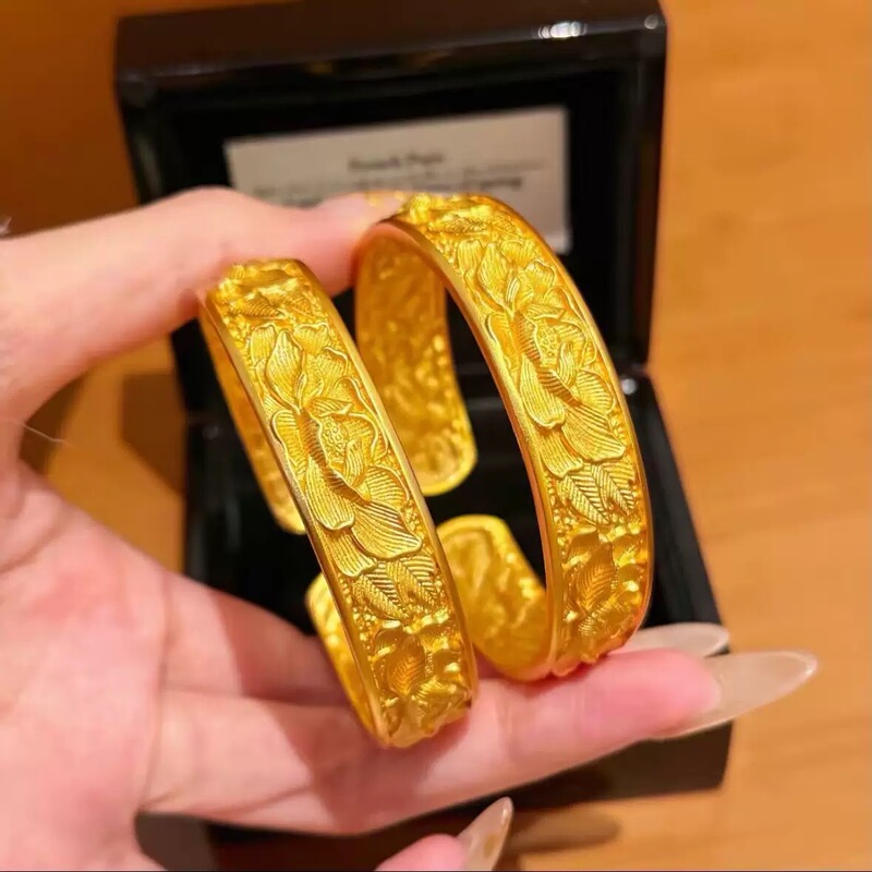 Wide Peony Flower Bracelet, Imitation Gold Tire Sand Gold Wedding Jewelry, Engagement Three-Gold Set, New Chinese Style Gold-Plated Bracelet