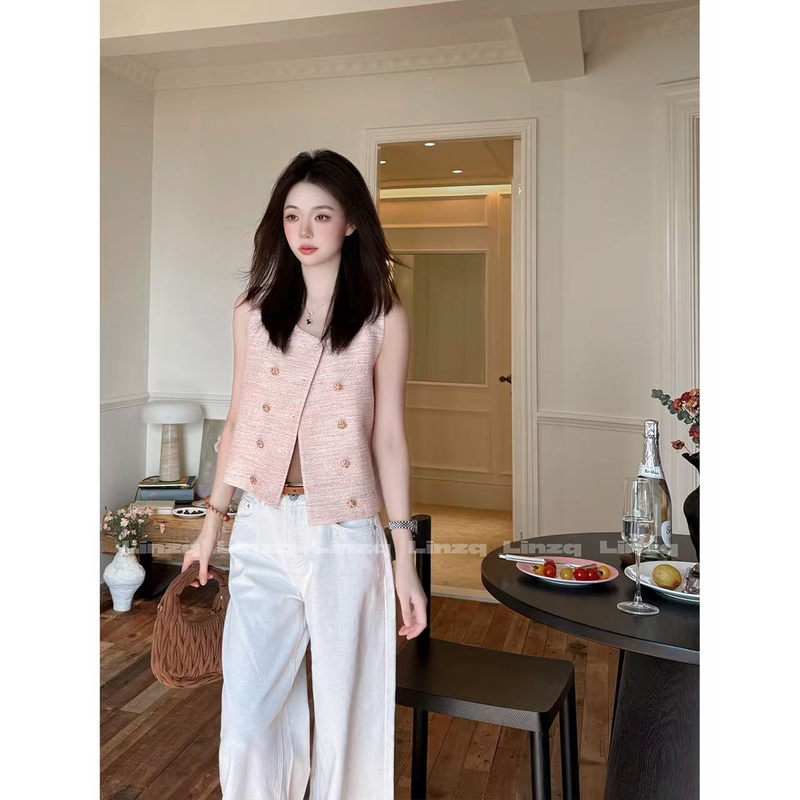 Lin Ziqiu [Muse's Voice] Double-Breasted Sequin Chanel-Style Vest, Summer Thin Style, Elegant Sleeveless Top