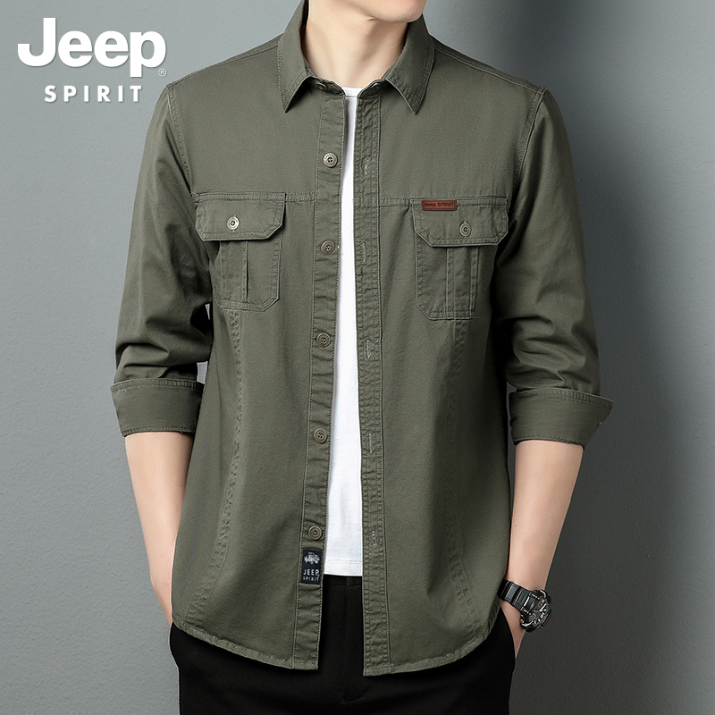 Jeep Spirit Men's Long-Sleeved Shirt Spring & Fall New Style Loose Casual Lapel Work Jacket Men's Top