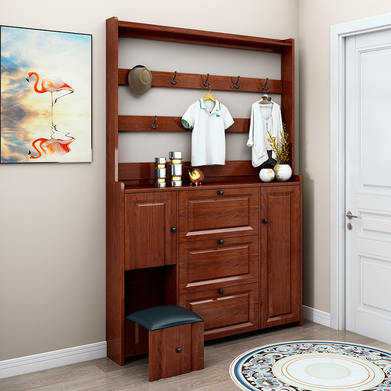 Doorway shoe cabinet ultra-thin tipping bucket shoe rack solid wood minimalist modern Chinese hanging clothes hanger integrated with the door hall cabinet