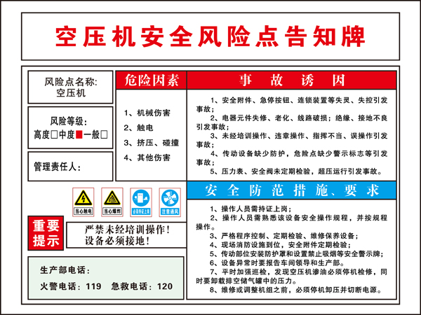 Air compressor safety risk point notification board Beware of electric shock hazard warning occupational hazard notification card