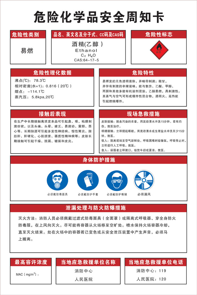 Hazardous Chemicals Safety Information Card Enterprises Factory Warning Signs Mark Stickers Alcohol Ethanol