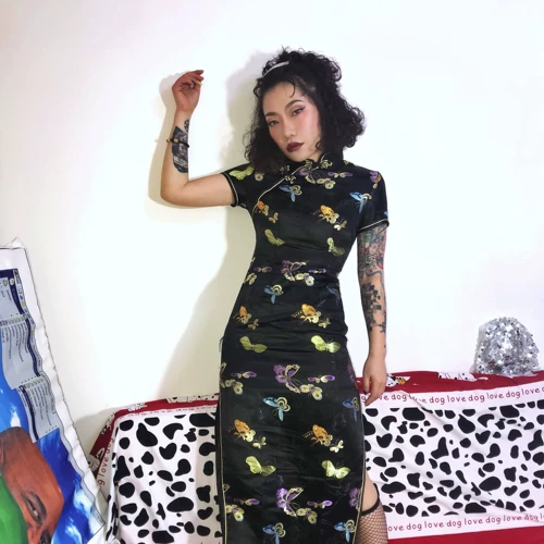 Длинное ципао, генерирование электричества, китайский стиль, по фигуре, с вышивкой