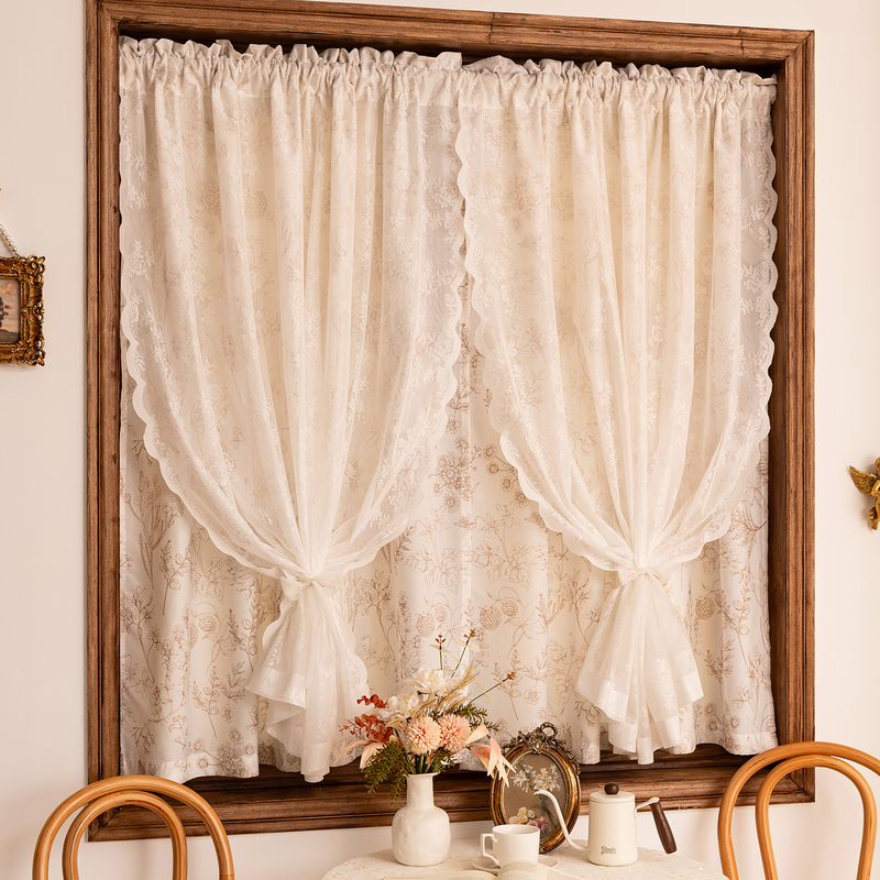 French Country Style Half Curtain Double-Layer Lace Sheer Curtain No-Drill Fabric and Sheer Integrated Pine Cone Bedroom Bay Window Door Curtain