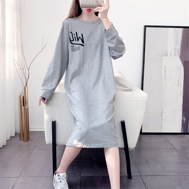 Pure Cotton Lazy Style Long-Sleeve Sweatshirt Over-The-Knee Lazy Dress for Women, Loose Fit, Suitable for Spring and Autumn, Long T-Shirt Dress for Layering