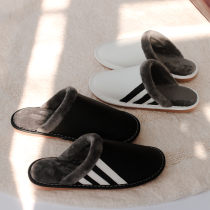 Japanese leather slippers for men and women in the office non-slip wooden floor warm non-slip home thickened lint winter tide