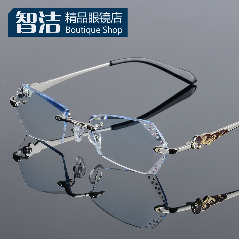 Zhijie diamond trimmed glasses women's height number rimless glasses frame women's pure titanium myopia glasses women's gradient color