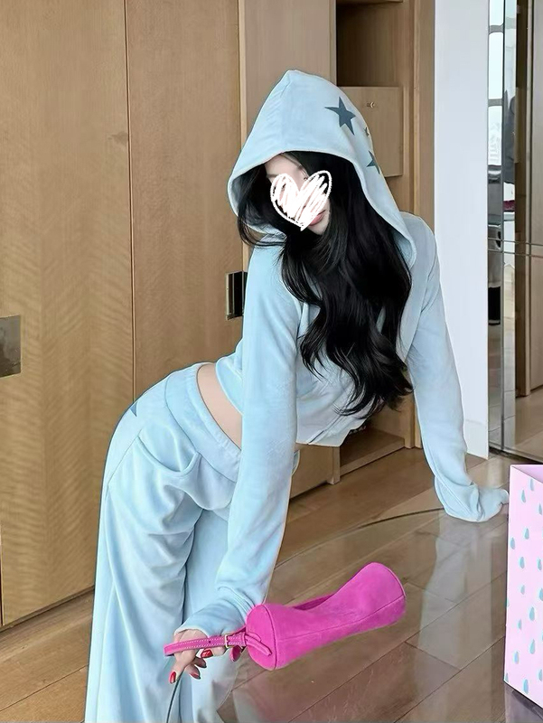 Star Velvet Hooded Suit, Autumn Short Zip-Up Cardigan Jacket, Low-Waist Wide-Leg Pants, Sweet and Cool Casual Two-Piece Set