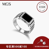 MGS retro simple S925 silver black agate small auspicious ring European and American temperament gem ring Tide people