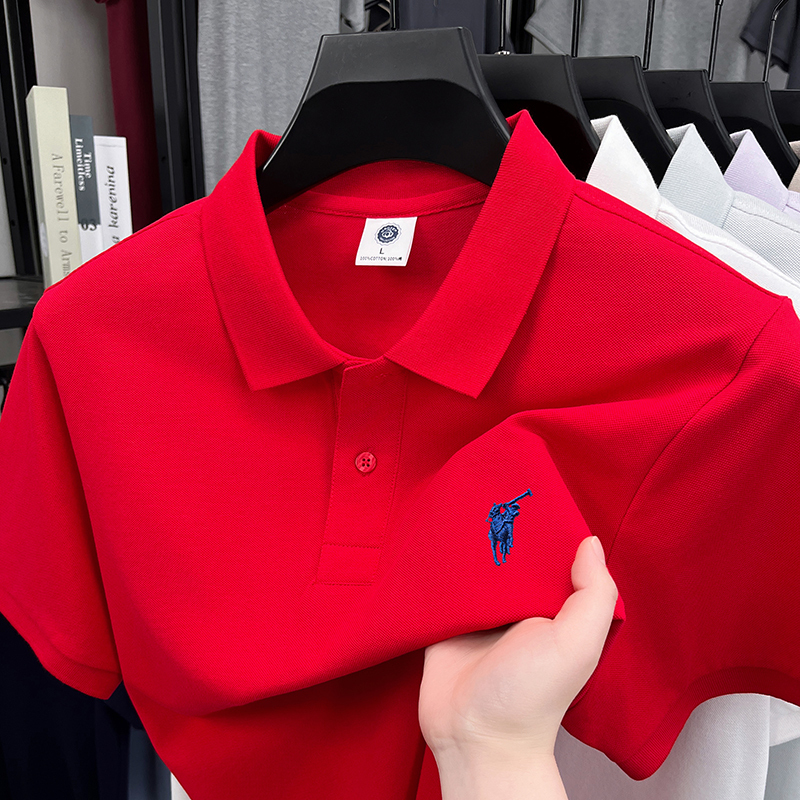 Paul Genuine 100% Cotton Bright Red Short-Sleeve T-Shirt for Men, Casual Polo Shirt with Pony Logo Embroidery, Young Men's Polo Shirt T-Shirt