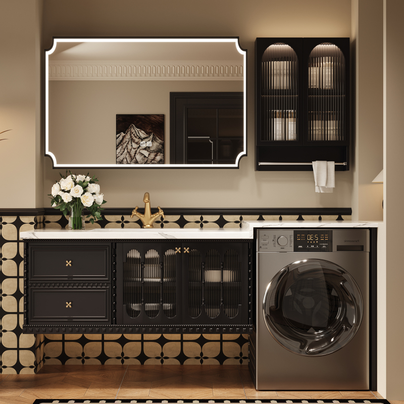 2026 New Model French Retro Washing Machine Cabinet Combination Bathroom Vanity Washbasin Washing Machine Set