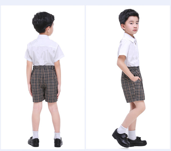 Shenzhen primary school students school uniform dress genuine men and women short-sleeved shirt spring and summer skirt suit plaid shorts uniform