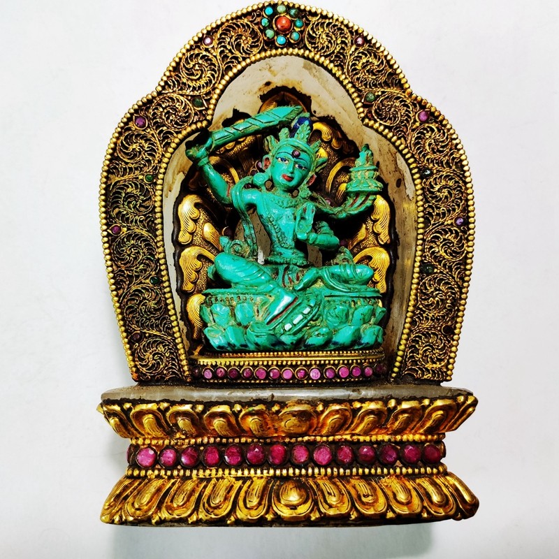 Tibetan antique miscellaneous Qing Dynasty crystal old Buddha shrine carved turquoise Manjushri Bodhisattva home feng shui ornaments