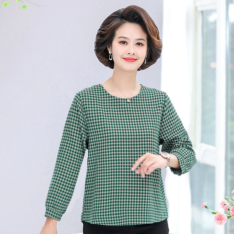 Mother Loaded Spring Clothing Cotton Linen Plaid Long Sleeve T-shirt Mid-Aged Women's Clothing Casual Inner Hitch Round Collar Loose Jacket