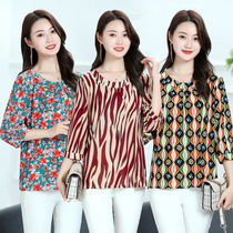 Middle-aged womens dress mid-sleeve ice-shirt T-shirt blouse Mom dress Broken Flowers Round Collar Little Shirts loose Big code