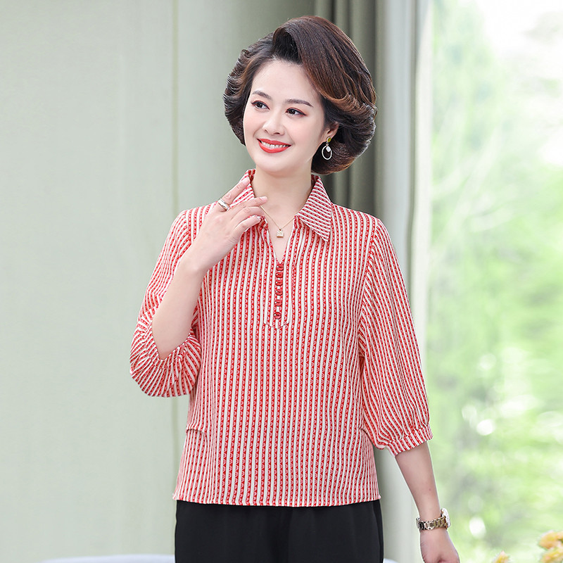 Mid-aged women's dress mid-sleeve striped T-shirt Mom loaded polo collar jacket headblouse slim fit and reduced