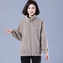 Middle-aged and elderly womens autumn and winter plush jacket granular velvet stand collar casual jacket large size mothers simple top