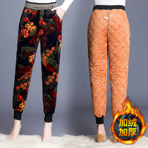 Mothers winter thick cotton pants warm floral elastic waist plus velvet casual high waist trousers large size loose pants