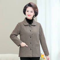 Middle-aged and elderly womens autumn and winter clothes plus velvet thickened small suit jacket large size mothers warm plaid woolen jacket