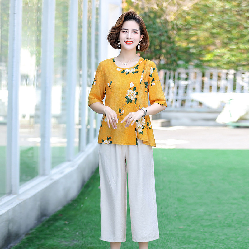 New mid-age female summer dress cotton linen printed T-shirt 90% wide-legged pants Two sets Mom dress name Nation Wind suit