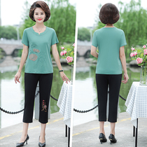 Mid-aged womens clothing Summer short sleeve T-shirt Mom dress pure color embroidered blouse for casual big-size sweatshirt