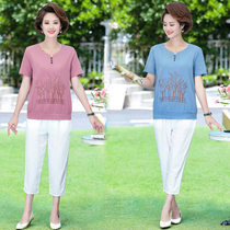 Middle-aged female summer dress cotton silk short sleeve suit blouse 7-pants two sets Mom dress embroidered t-shirt pants