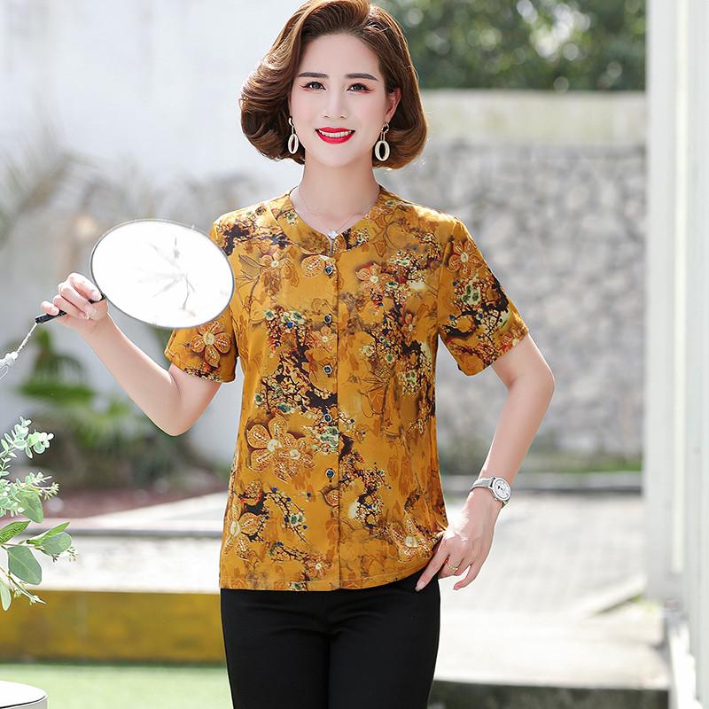 Middle Aged Women's Clothing Summer Short Sleeve Shirt Mom Loaded Crummy Collar Cardiovert T-shirt Large Size Casual Cardiovert