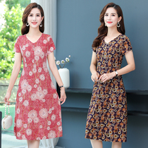 New middle-aged and elderly womens summer short-sleeved floral dress mothers Stretch Slim long skirt size