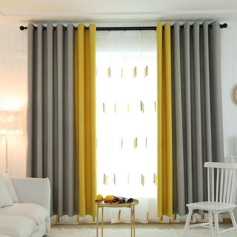 Nordic style grey-yellow splicing shading curtains pure color shading bedroom dining room Balcony Harbor Style Embroidered Veil
