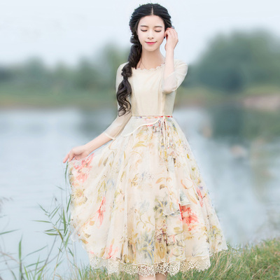 Pháo hoa sd mùa hè 2018 mới phụ nữ in voan ôm tay áo dài tay áo đầm đầm thiết kế cao cấp Sản phẩm HOT