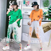 Mickey set women summer 2021 new fashion Korean version of loose T-shirt nine jeans casual sports two-piece set