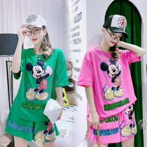 Net red with 2021 summer fashion Korean version of sequin Mickey leisure sports set half sleeve shorts two-piece tide