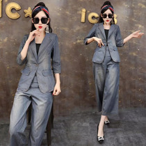 2021 autumn and winter fashion womens slim suit suit Korean denim suit wide leg pants foreign style two-piece tooling