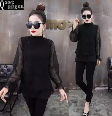 Chiffon shirt women's 2021 autumn and winter new loose bottoming shirt all-match thin mid-length lace shirt small shirt
