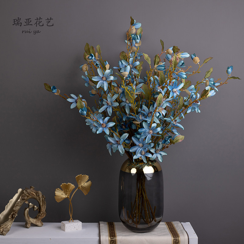 Single magnolia flower retro blue fake flower simulation flower living room decoration silk flower flower arrangement orchid bouquet flower decoration