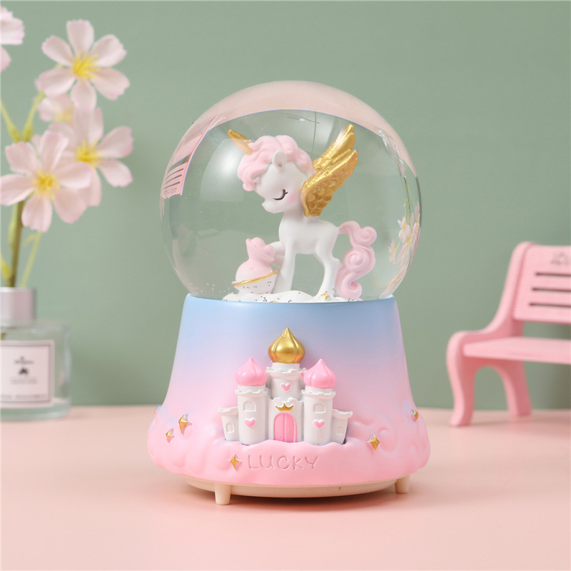 Pink Teenage Hearts Interstellar Unicorn Floats Snow Water Crystal Ball Light Music Box Spinning Octaphonic Box Girl Day Presents