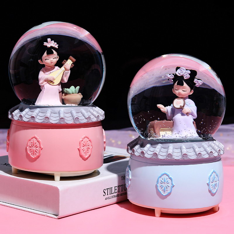 Girl's Heart Palace Ancient Style Gege Qin, Chess, Calligraphy and Painting Crystal Ball Music Box Snow Light Music Gifts for Girls
