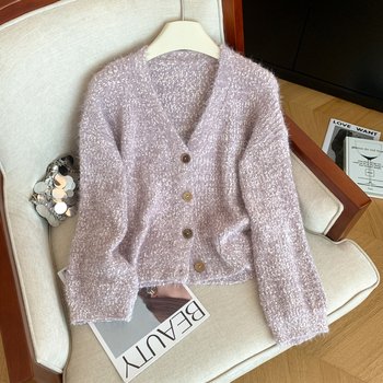 Korean autumn and winter new mixed color soft waxy sweater cardigan for women to wear for age reduction, comfortable v-neck slimming and western style jacket