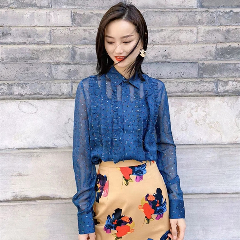 Ouama Shiqi 2022 spring new chiffon printing two-piece shirt female 5300521-1a46352-001