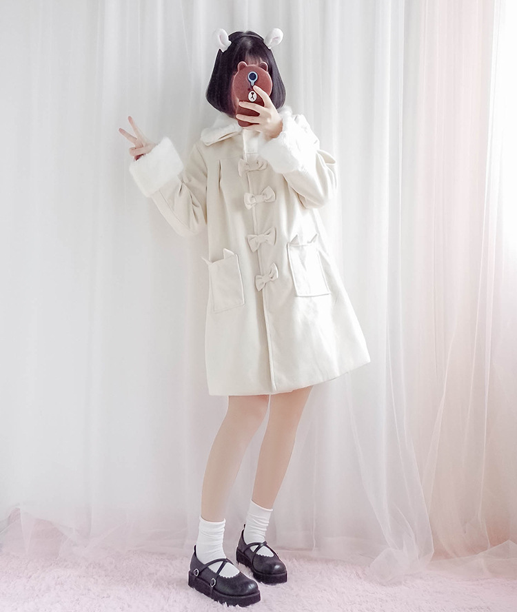 [Giải phóng mặt bằng không được trả lại] cô gái mềm mại cung nơ mèo áo dài lông len Lolita áo khoác blazer nữ hàn quốc
