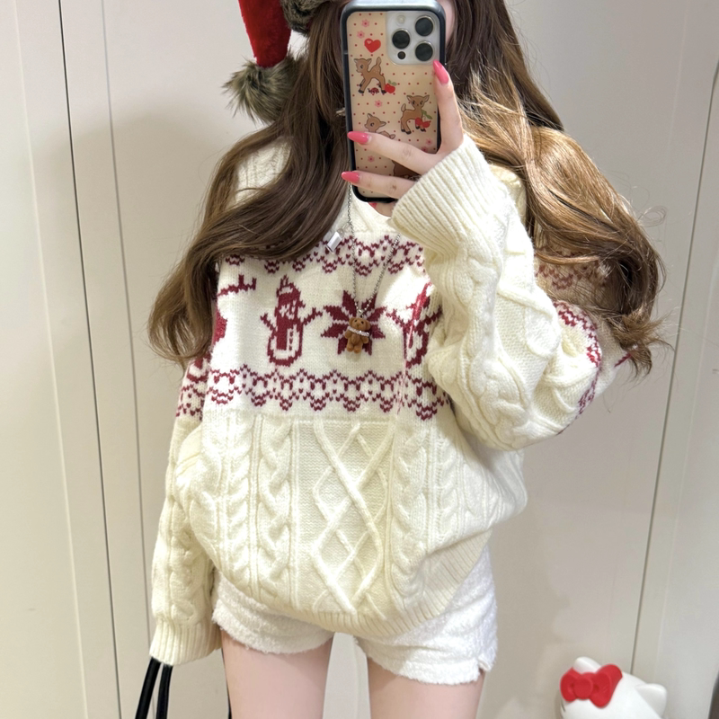 Christmas White Cable Knit Sweater for Women, Autumn and Winter, High-End, Lazy Style, Loose Round Neck Pullover, Soft and Cozy Knit Top Christmas White Cable Knit Sweater for Women, Autumn and Winter, High-End, Lazy Style, Loose Round Neck Pullover, Soft and Cozy Knit Top