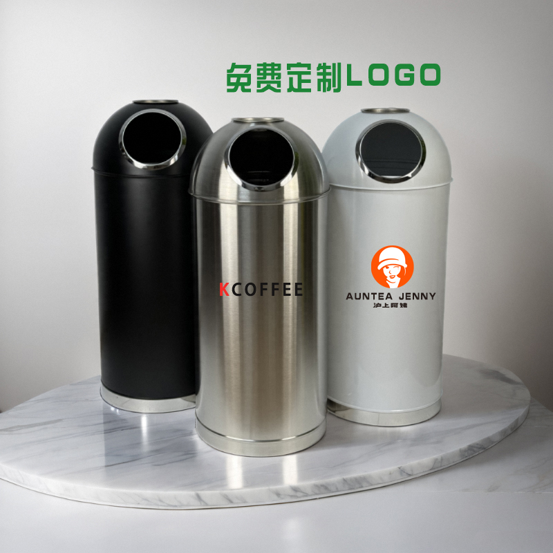 Side-Throw Stainless Steel Large Outdoor Bullet-Shaped Trash Can with Ashtray for Hotels and Milk Tea Shops, Round Direct-Throw Trash Bin