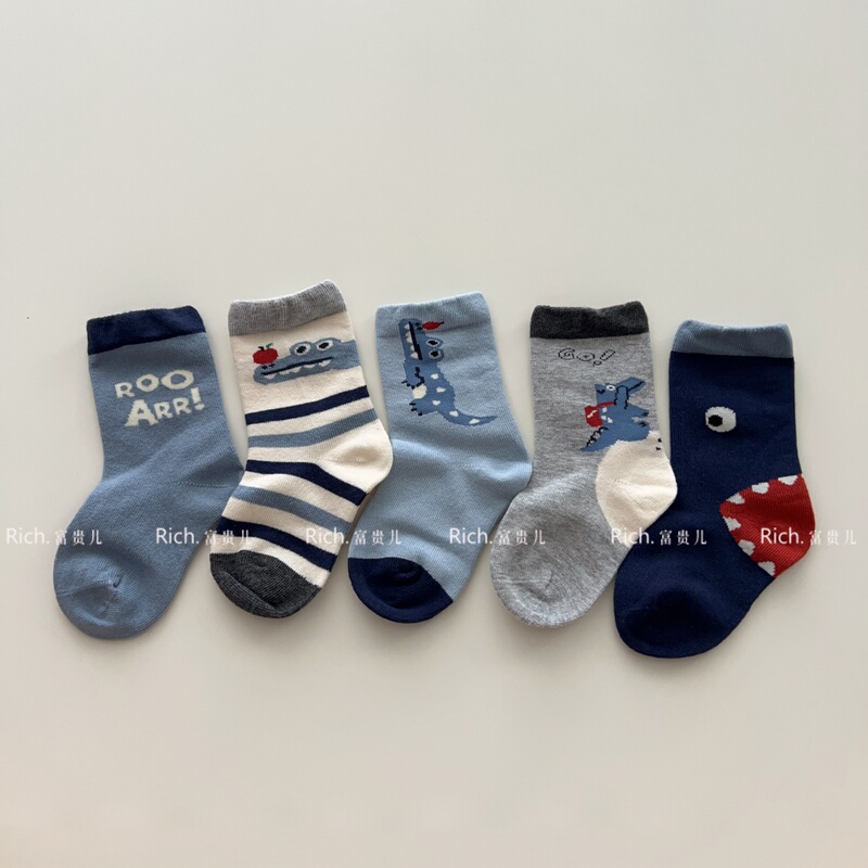 Korean-Style Children's Socks for Boys, New Autumn Collection, Cute Shark and Crocodile Design, Versatile Cotton Mid-Tube Socks