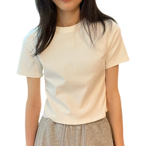 Летняя белая короткая футболка с коротким рукавом, круглый воротник, облегающий крой