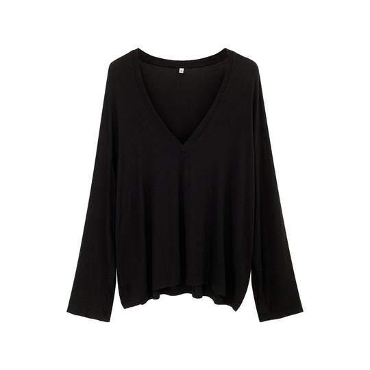 Loose, Slimming, Lazy Style, Thin, Deep V-Neck, Long-Sleeved Base T-Shirt for Women, Spring and Summer Air-Conditioning Sun Protection Cover-Up Top