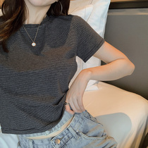 2021 summer short-sleeved short-sleeved slim-fit cotton T-shirt Korean fan ins casual wild striped high-waist umbilical top women