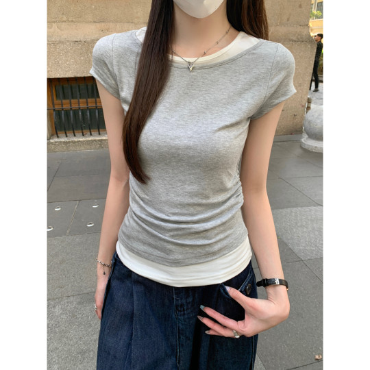 Suseyiku summer Korean style contrasting round neck pleated design modal short-sleeved T-shirt top