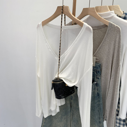 Loose, Slimming, Lazy Style, Thin, Deep V-Neck, Long-Sleeved Base T-Shirt for Women, Spring and Summer Air-Conditioning Sun Protection Cover-Up Top